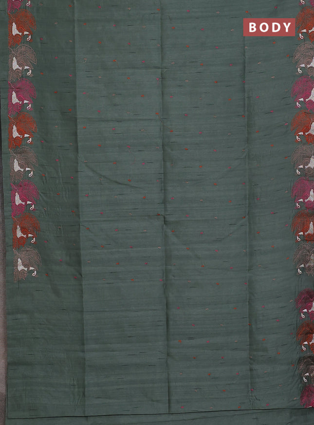 Semi raw silk saree greyish green with allover embroidery work and peacock embroidery border