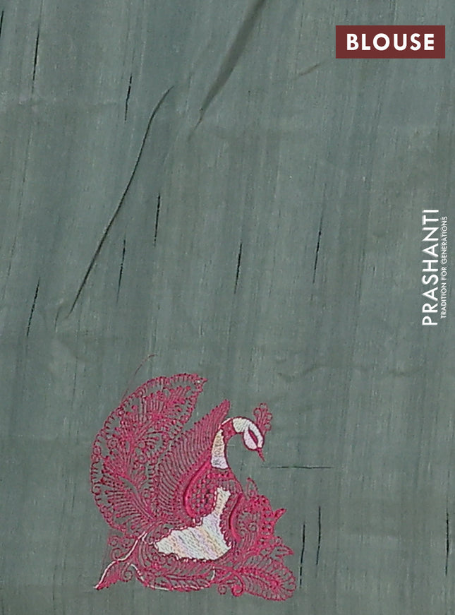 Semi raw silk saree greyish green with allover embroidery work and peacock embroidery border