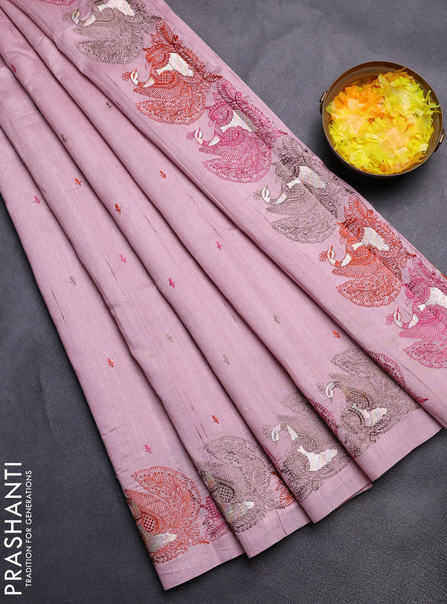 Semi raw silk saree pastel pink with allover embroidery work and peacock embroidery border