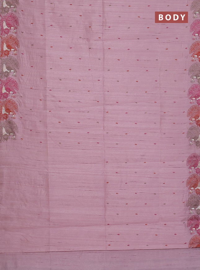 Semi raw silk saree pastel pink with allover embroidery work and peacock embroidery border