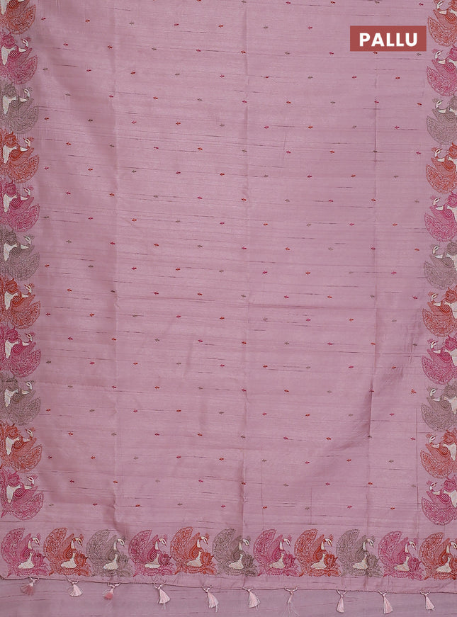Semi raw silk saree pastel pink with allover embroidery work and peacock embroidery border