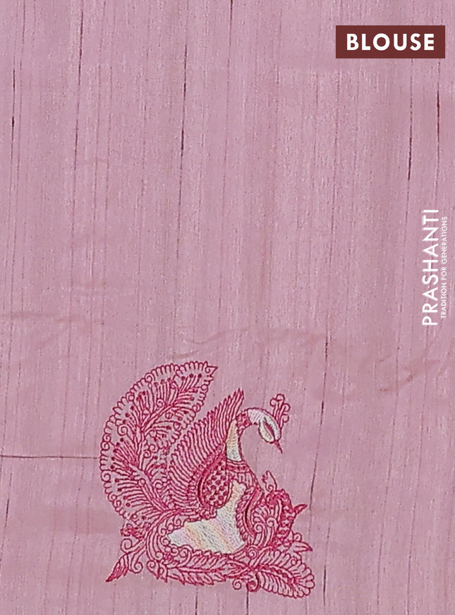 Semi raw silk saree pastel pink with allover embroidery work and peacock embroidery border