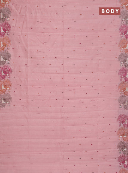 Semi raw silk saree mild peach with allover embroidery work and peacock embroidery border
