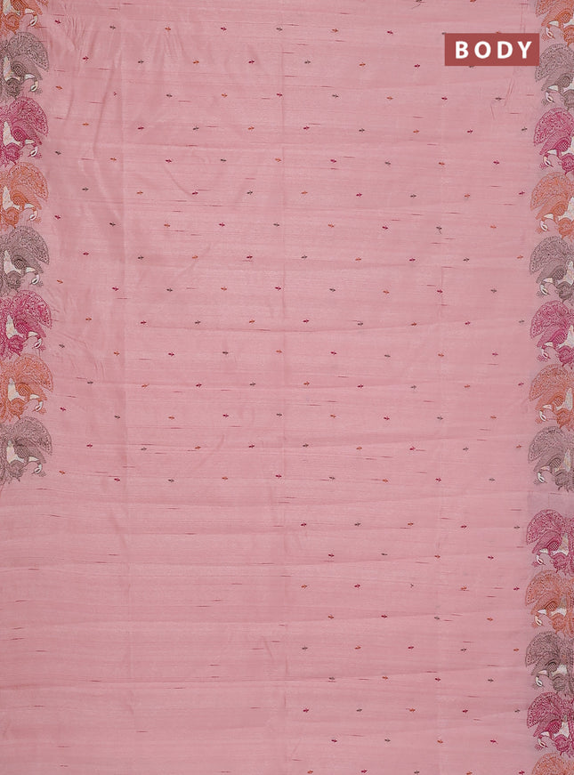 Semi raw silk saree mild peach with allover embroidery work and peacock embroidery border