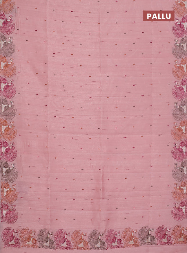 Semi raw silk saree mild peach with allover embroidery work and peacock embroidery border