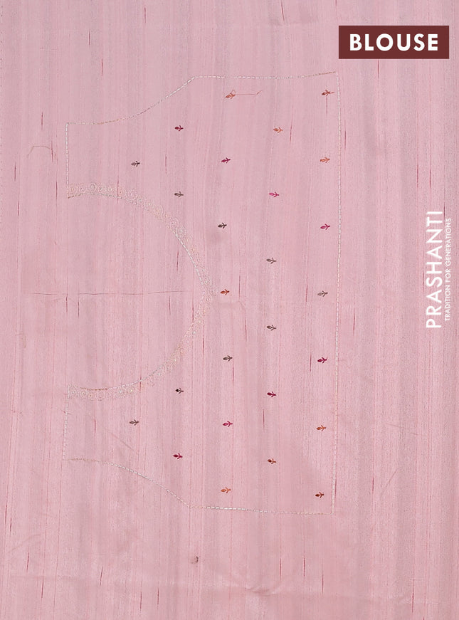 Semi raw silk saree mild peach with allover embroidery work and peacock embroidery border