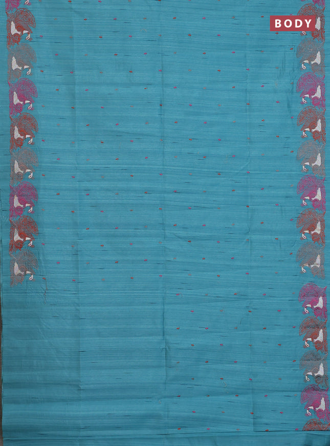 Semi raw silk saree teal blue with allover embroidery work and peacock embroidery border