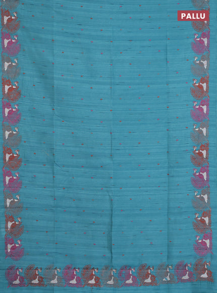 Semi raw silk saree teal blue with allover embroidery work and peacock embroidery border