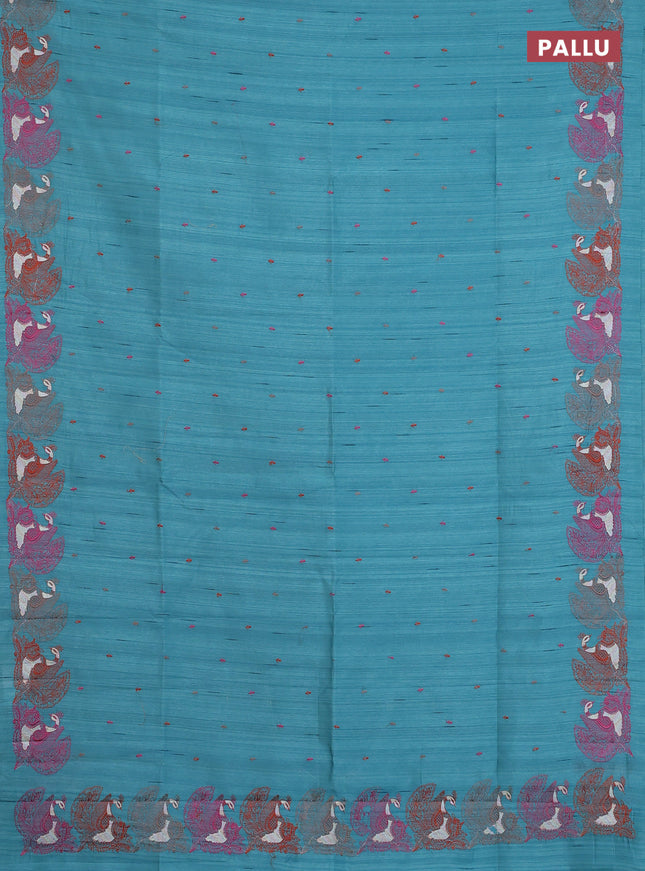 Semi raw silk saree teal blue with allover embroidery work and peacock embroidery border