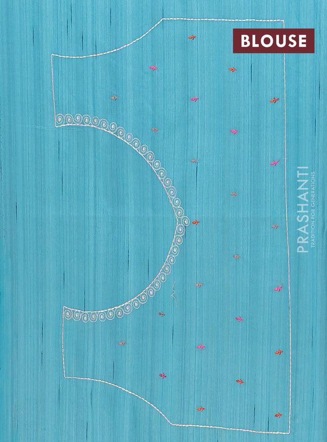 Semi raw silk saree teal blue with allover embroidery work and peacock embroidery border