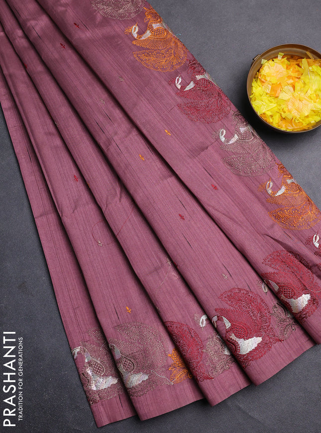 Semi raw silk saree rosy brown with allover embroidery work and peacock embroidery border