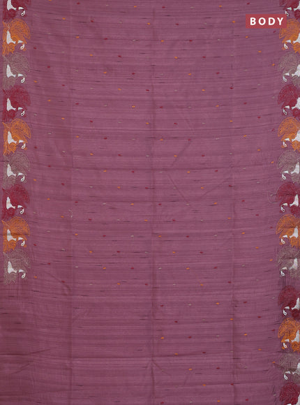 Semi raw silk saree rosy brown with allover embroidery work and peacock embroidery border