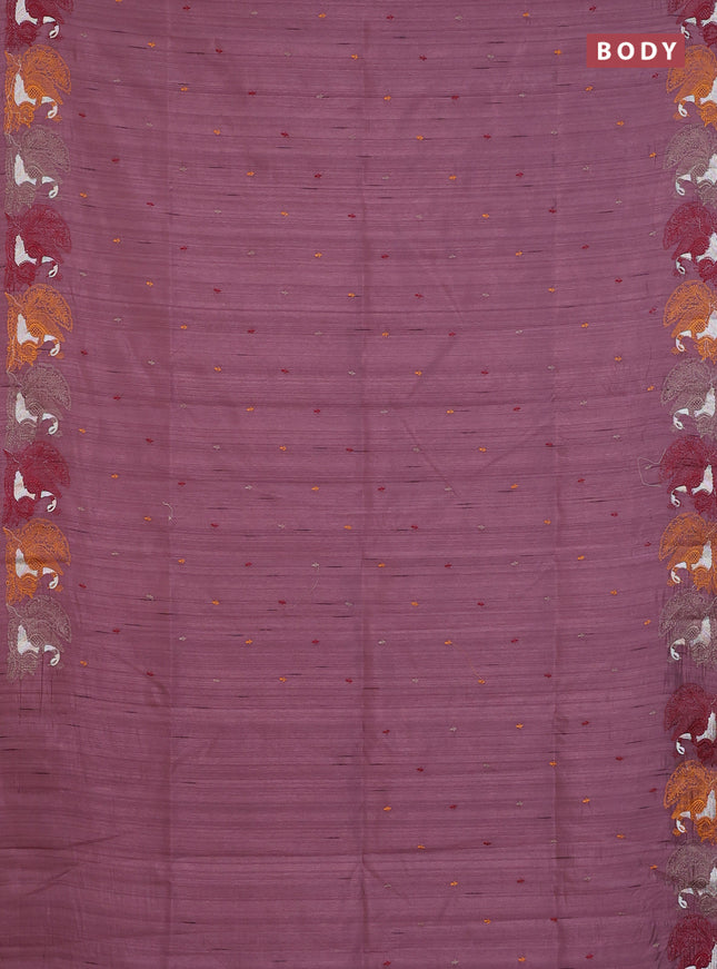 Semi raw silk saree rosy brown with allover embroidery work and peacock embroidery border