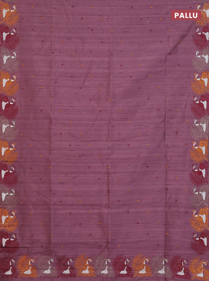 Semi raw silk saree rosy brown with allover embroidery work and peacock embroidery border