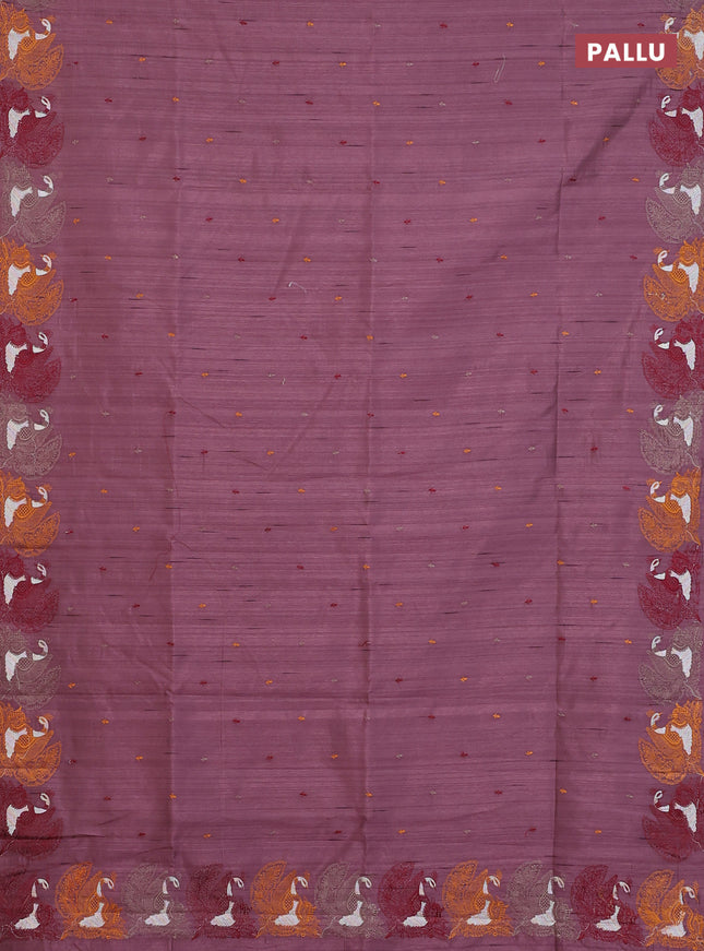 Semi raw silk saree rosy brown with allover embroidery work and peacock embroidery border
