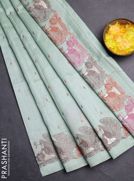 Semi raw silk saree pastel green with allover embroidery work and peacock embroidery border