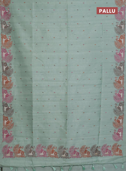 Semi raw silk saree pastel green with allover embroidery work and peacock embroidery border