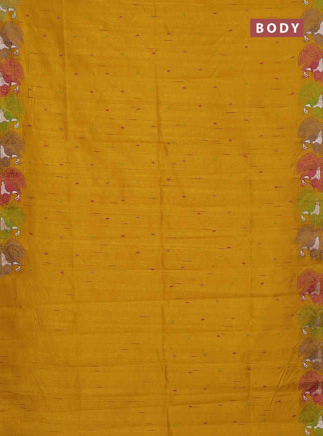 Semi raw silk saree mustard yellow with allover embroidery work and peacock embroidery border