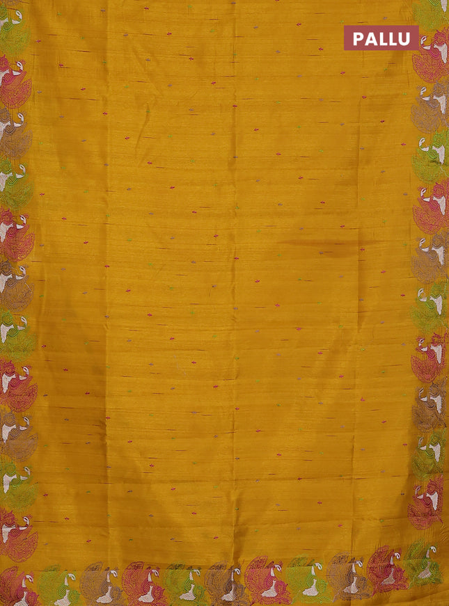 Semi raw silk saree mustard yellow with allover embroidery work and peacock embroidery border