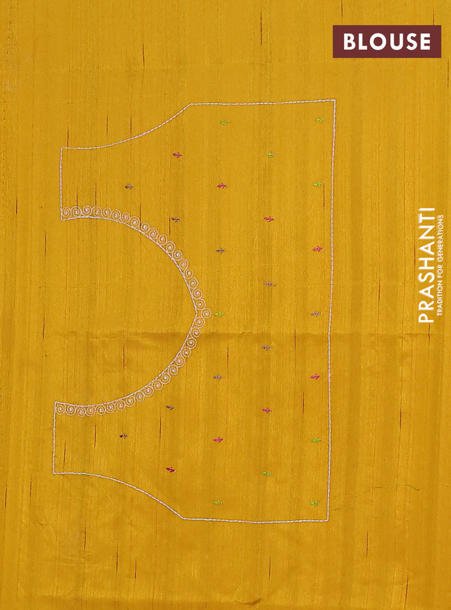 Semi raw silk saree mustard yellow with allover embroidery work and peacock embroidery border