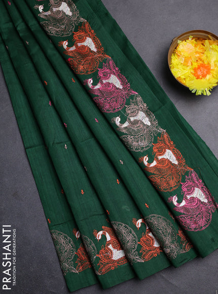 Semi raw silk saree green with allover embroidery work and peacock embroidery border