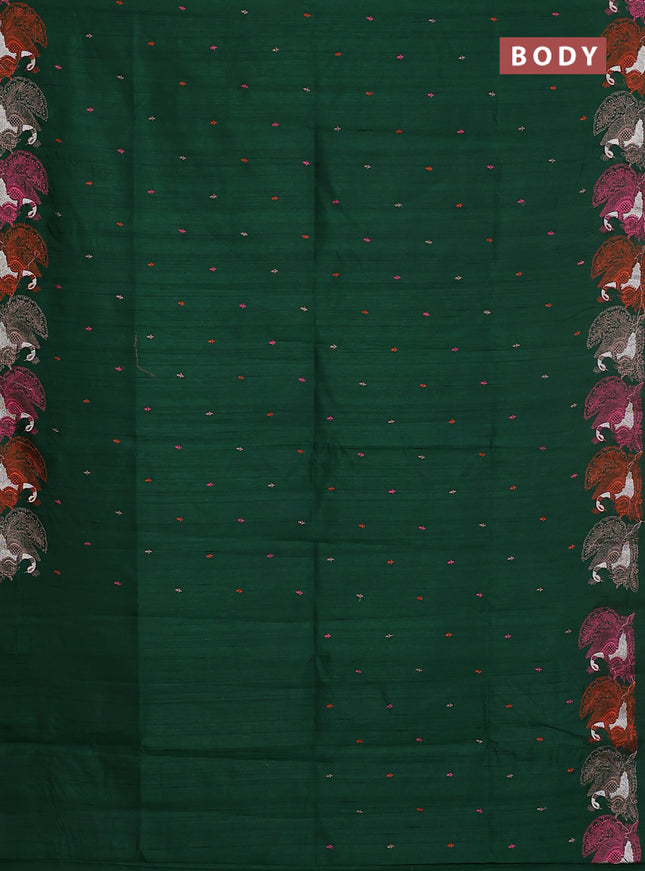 Semi raw silk saree green with allover embroidery work and peacock embroidery border
