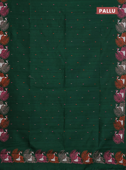 Semi raw silk saree green with allover embroidery work and peacock embroidery border