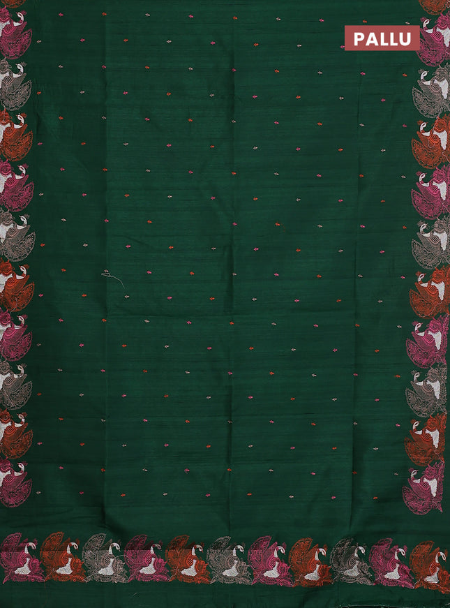 Semi raw silk saree green with allover embroidery work and peacock embroidery border
