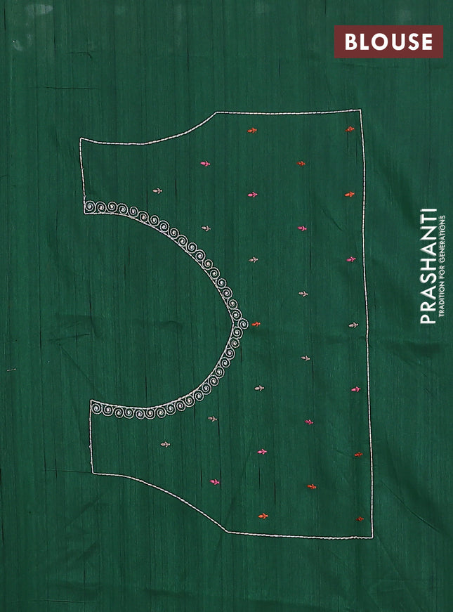 Semi raw silk saree green with allover embroidery work and peacock embroidery border