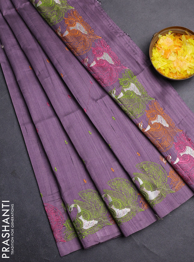 Semi raw silk saree pastel purple with allover embroidery work and peacock embroidery border