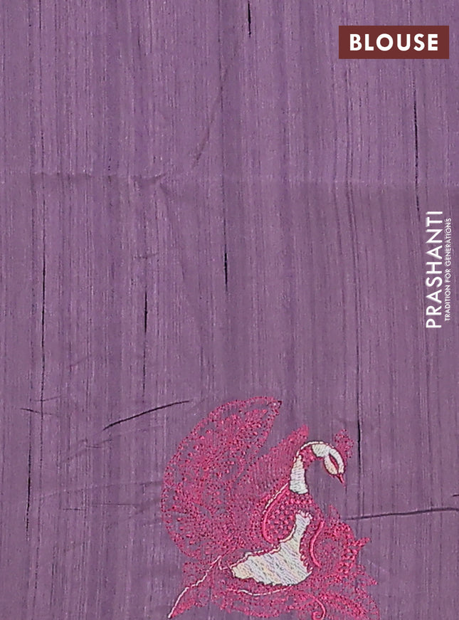 Semi raw silk saree pastel purple with allover embroidery work and peacock embroidery border