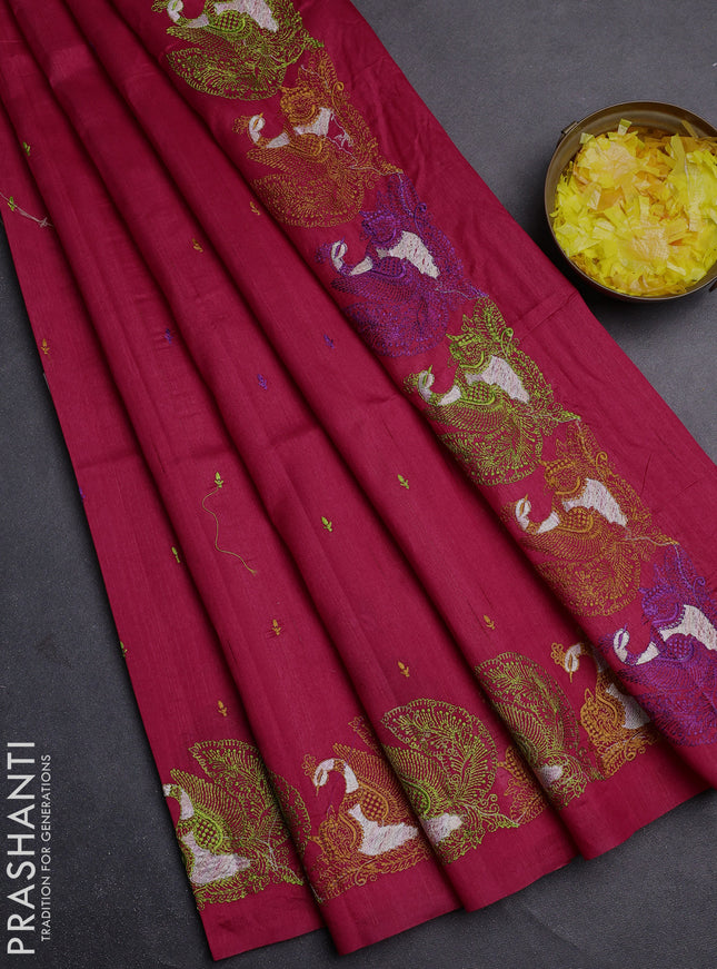 Semi raw silk saree dark pink with allover embroidery work and peacock embroidery border