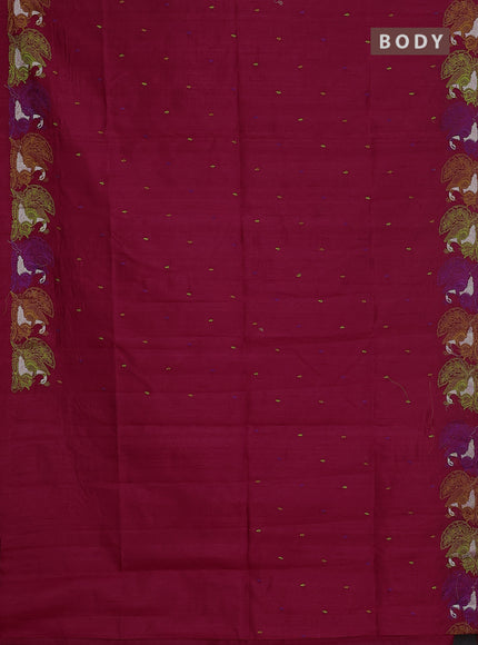 Semi raw silk saree dark pink with allover embroidery work and peacock embroidery border