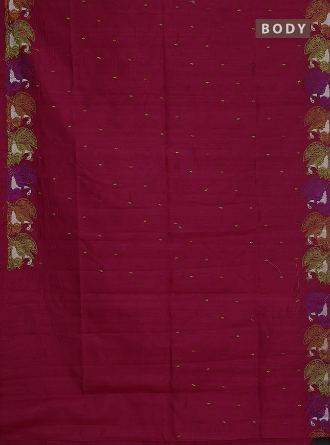 Semi raw silk saree dark pink with allover embroidery work and peacock embroidery border