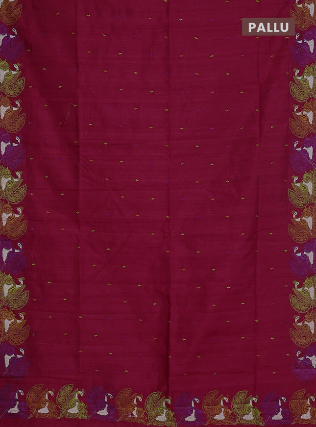 Semi raw silk saree dark pink with allover embroidery work and peacock embroidery border