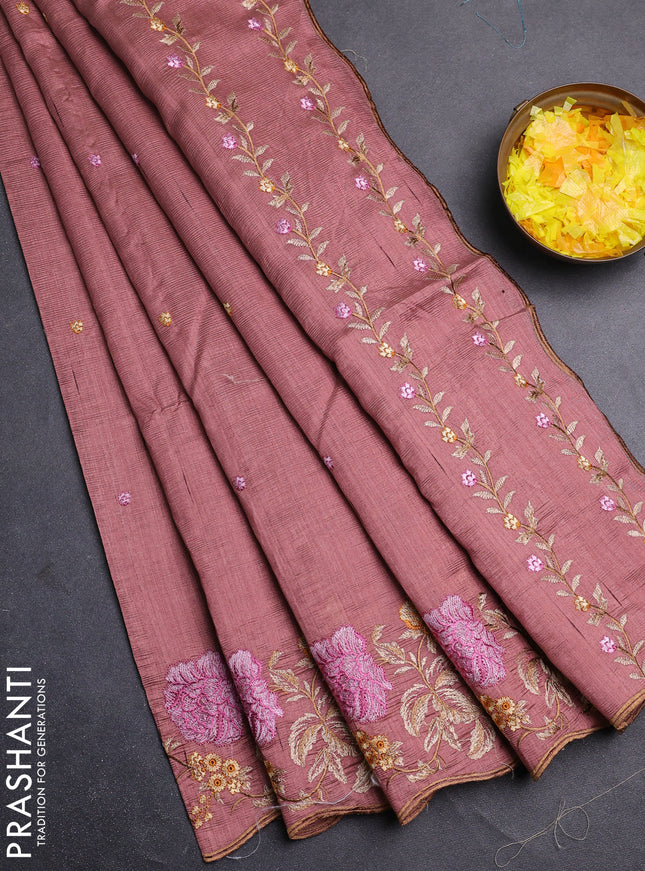 Semi raw silk saree pastel brown with embroidery buttas and floral embroidery border