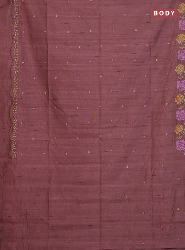Semi raw silk saree pastel brown with embroidery buttas and floral embroidery border