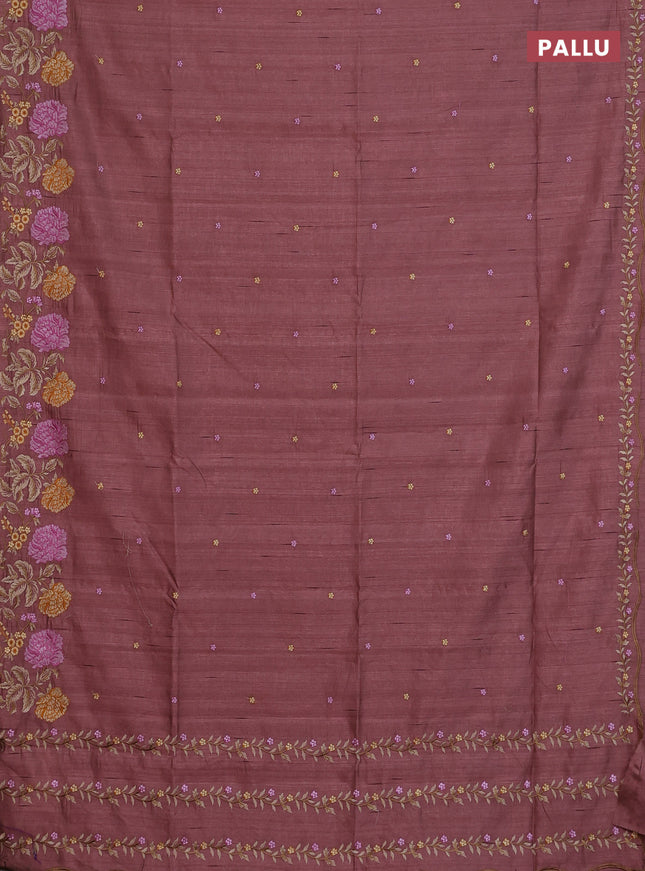 Semi raw silk saree pastel brown with embroidery buttas and floral embroidery border