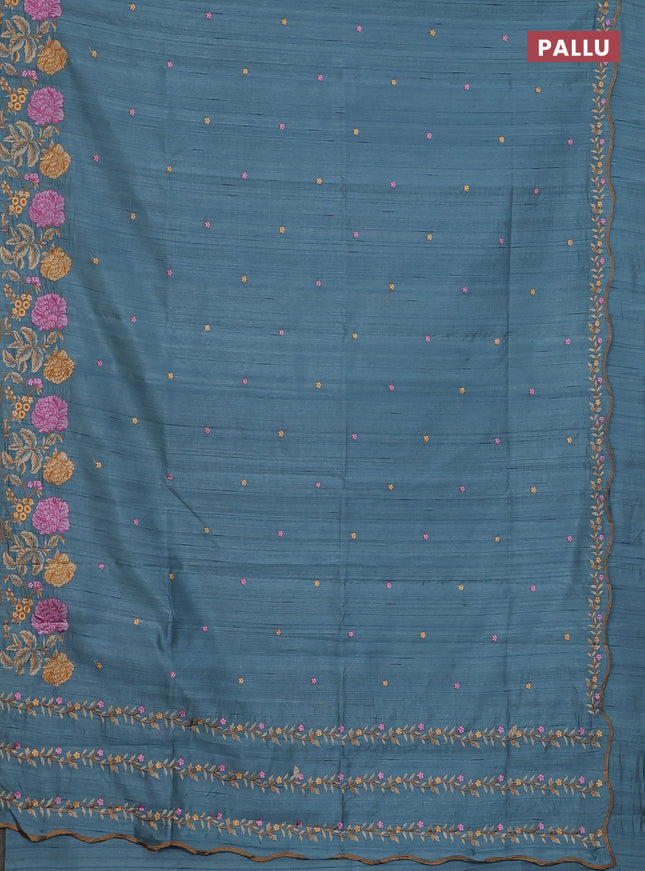 Semi raw silk saree pastel blue shade with embroidery buttas and floral embroidery border