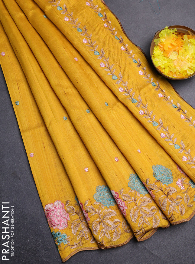 Semi raw silk saree mustard yellow with embroidery buttas and floral embroidery border