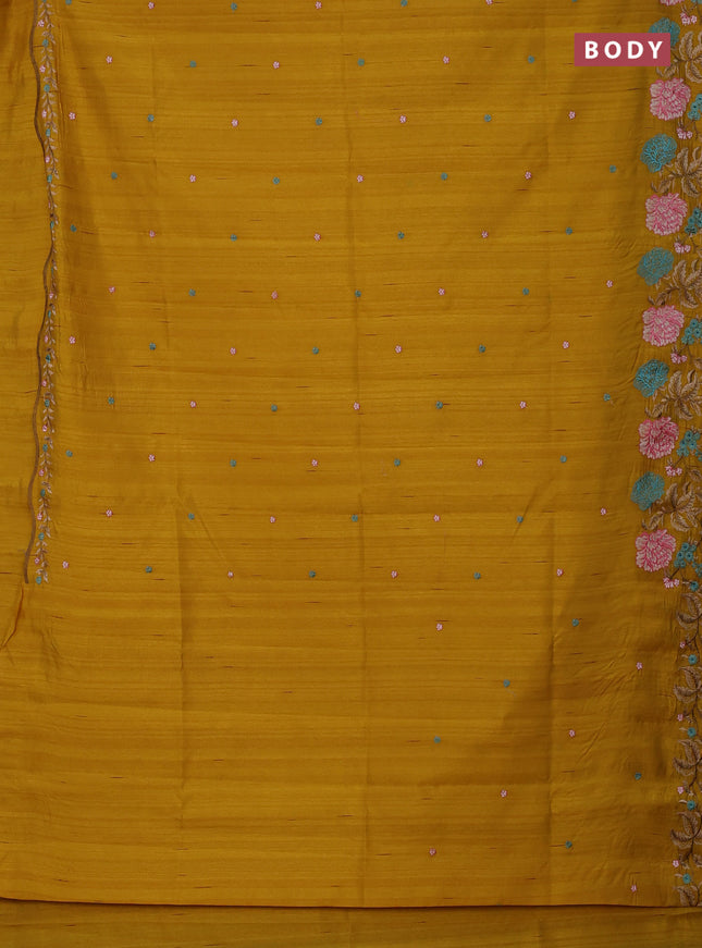 Semi raw silk saree mustard yellow with embroidery buttas and floral embroidery border