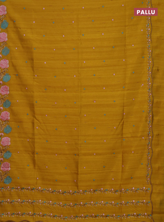 Semi raw silk saree mustard yellow with embroidery buttas and floral embroidery border