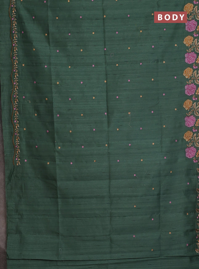 Semi raw silk saree green shade with embroidery buttas and floral embroidery border