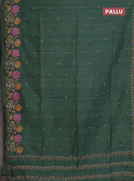 Semi raw silk saree green shade with embroidery buttas and floral embroidery border