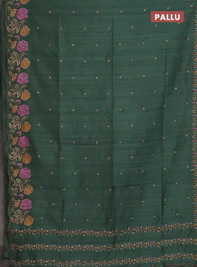 Semi raw silk saree green shade with embroidery buttas and floral embroidery border