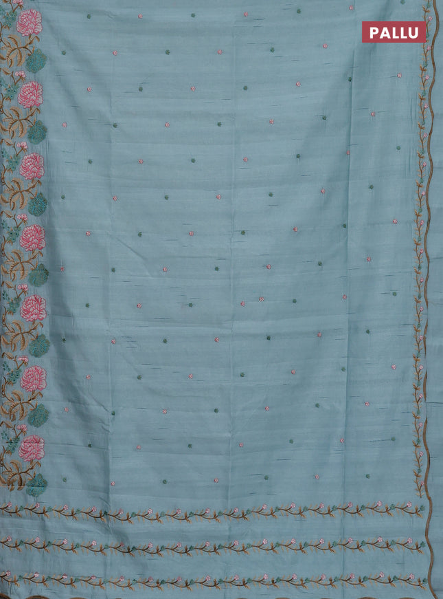 Semi raw silk saree pastel blue with embroidery buttas and floral embroidery border