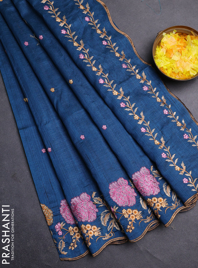 Semi raw silk saree peacock blue with embroidery buttas and floral embroidery border