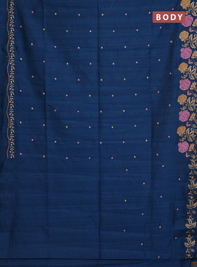 Semi raw silk saree peacock blue with embroidery buttas and floral embroidery border