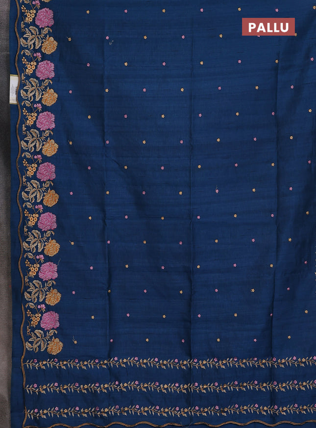 Semi raw silk saree peacock blue with embroidery buttas and floral embroidery border