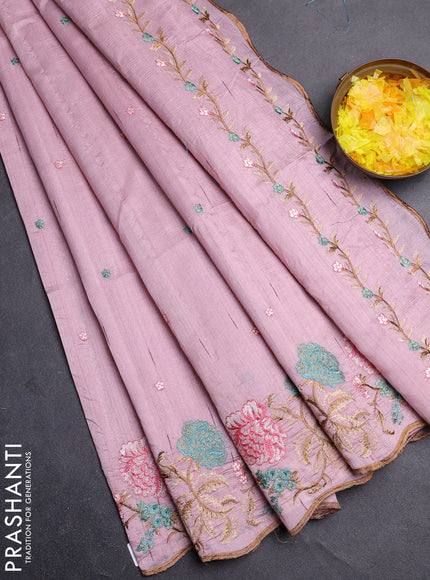 Semi raw silk saree pastel pink with embroidery buttas and floral embroidery border